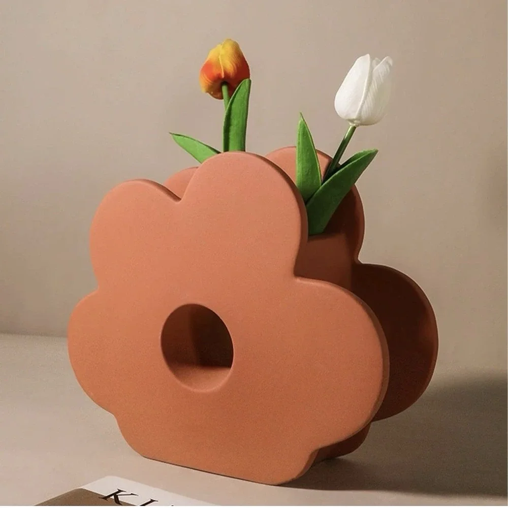 Flower-Shaped vase, French Vintage Fower Vessel, Large Matte Red Ceramic Vase
